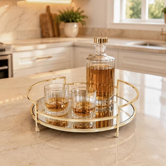 Round 12" Mirror Decor & Golden Tray, Metal Mirror Serving & Glass Vanity & - Image 7
