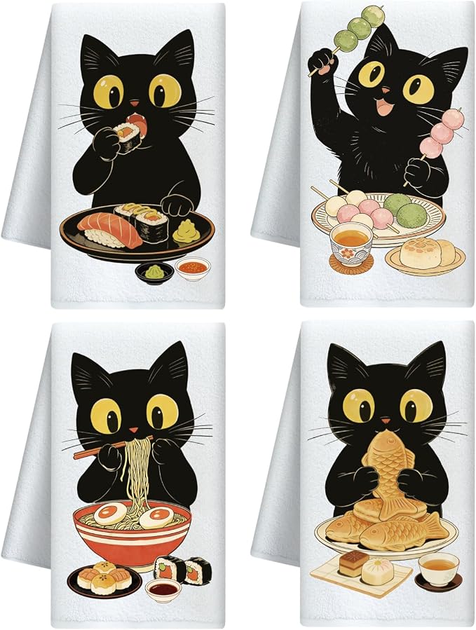 CUTHOLLOW Japanese Style Black Cat Decorative Kitchen Towels Set of 4, by CUTHOLLOW
