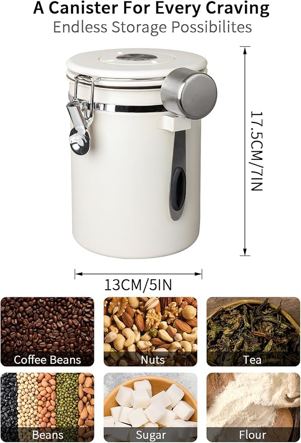 Coffee Canister with Airtight Lid, 60 fl oz White, Stainless Steel Air Tight - Image 2