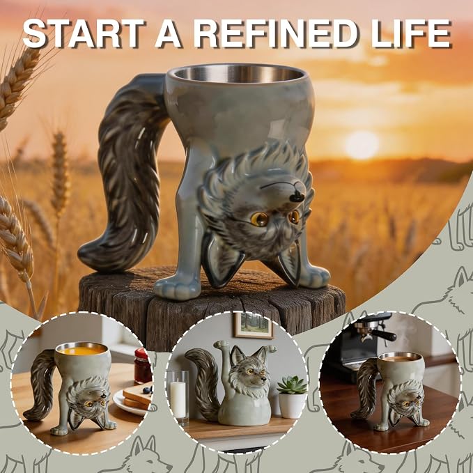 2-IN-1 Gray Wolf Coffee Mug – Funny 3D Animal Novelty Cup Unique Inverted - Image 4