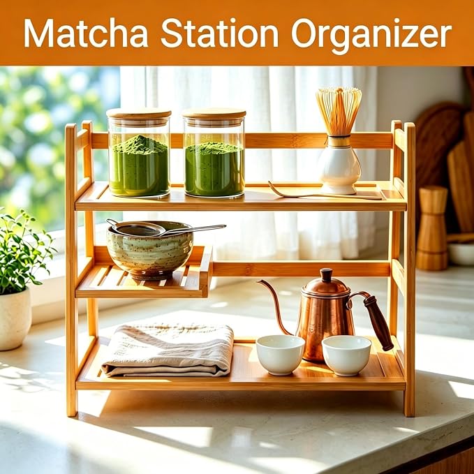 3 Tier Bamboo Matcha & Coffee Station, Countertop Organizer Shelf - Image 5