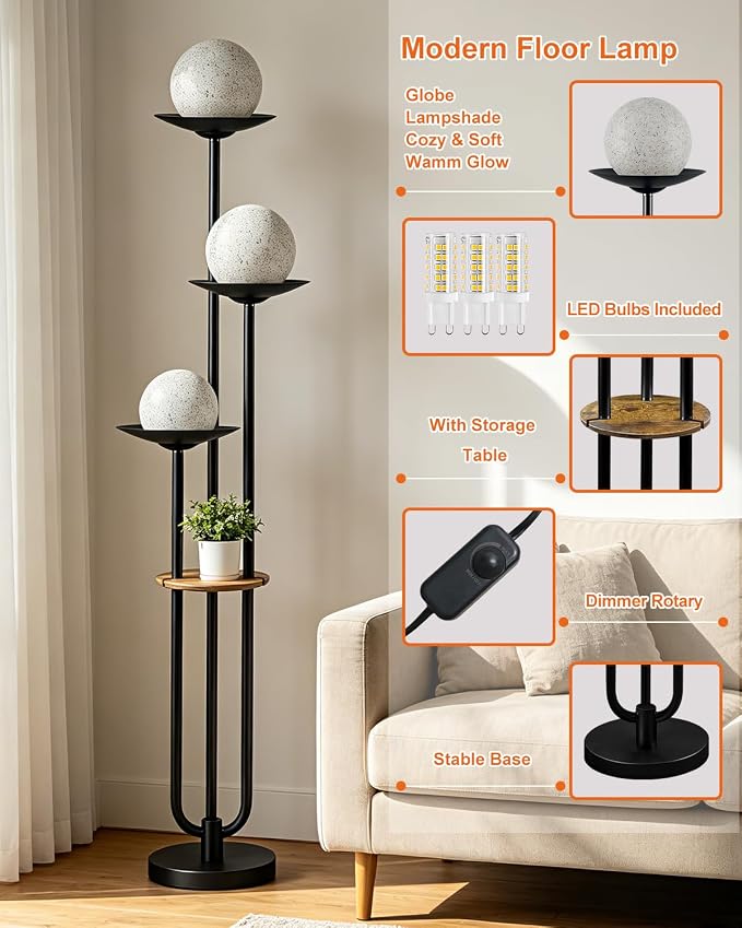 Lightdot Globe Floor Lamp with Shelf 3-Lights Modern Dimmable Floor Lamps - Image 4