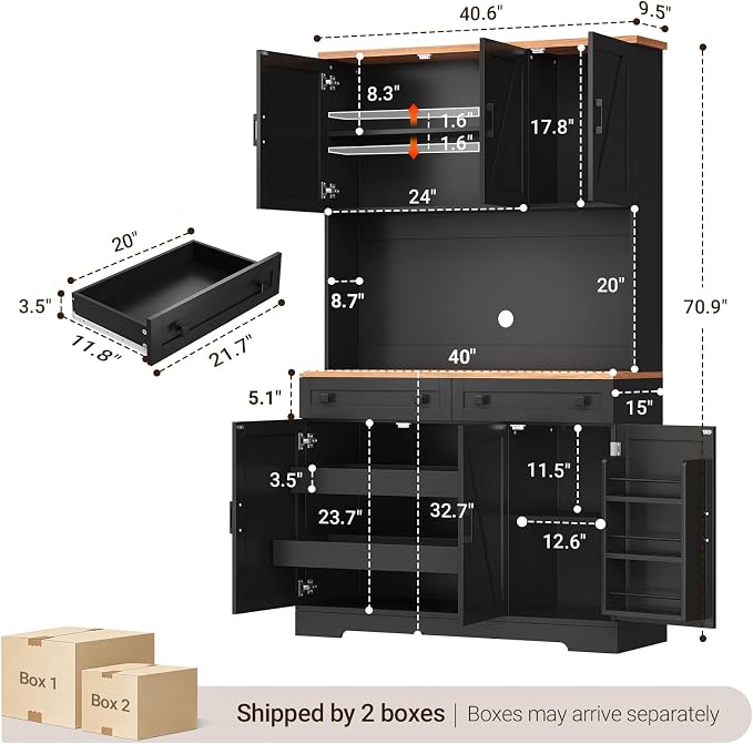 ELYKEN 71" Pantry Cabinet with Charging Station & LED Lights, Tall Kitchen - Image 3