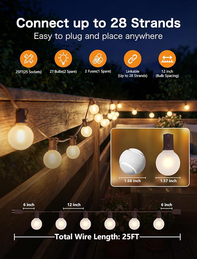 25FT Brown Outdoor String Lights, Shatterproof LED Globe String Lights - Image 2