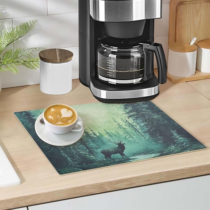Turquoise Forest Deer Coffee Mat Coffee Bar Maker Station Pot Spill Machine Pad - Image 4