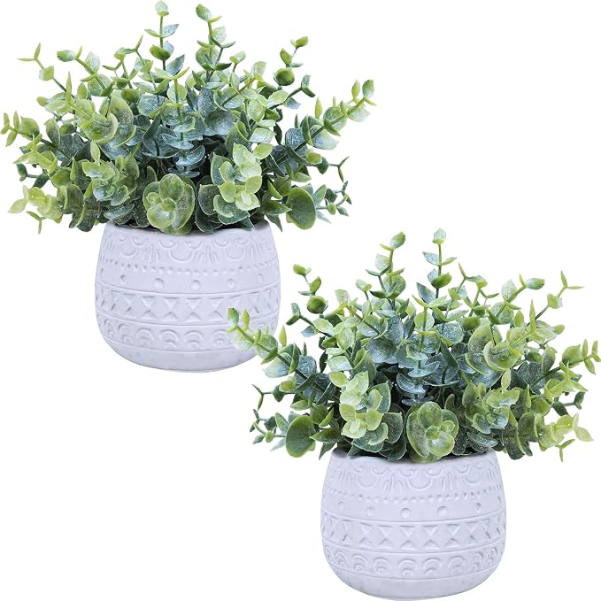Winlyn Set of 2 Small Artificial Potted Plants Faux Eucalyptus Plant in White by Winlyn