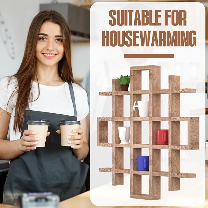 Suzile Oversize Coffee Mug Display Rack Wooden Display Shelves Rustic Wooden - Image 6