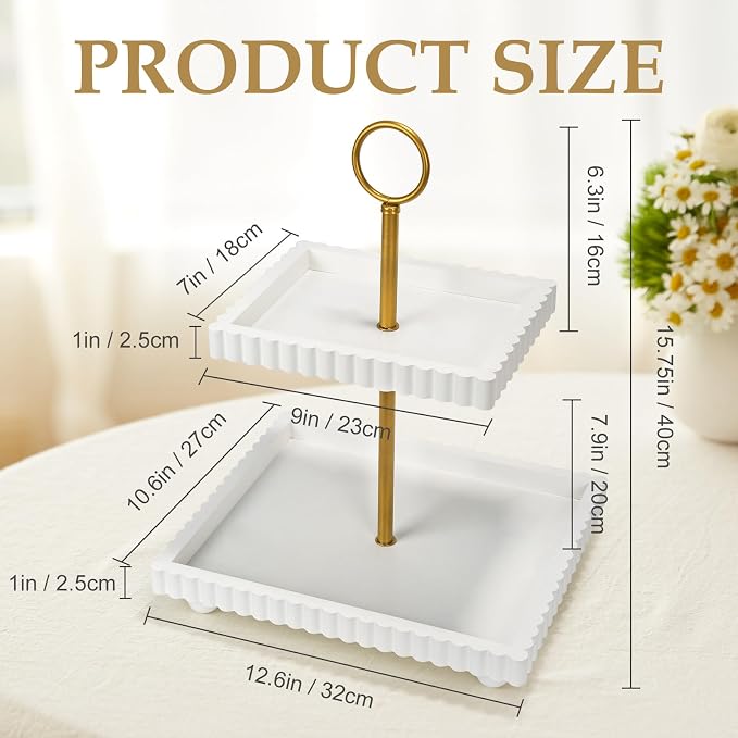 Wooden Two Tiered Tray Stand for Decor, Modern 2 Tier White Rectangular - Image 3