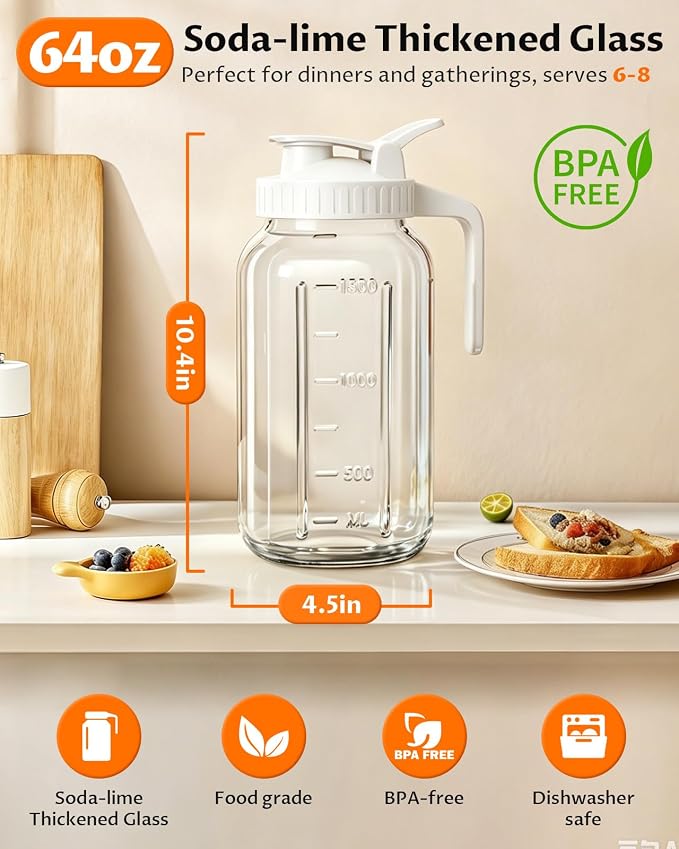 64oz Mason Jar Pitcher with Airtight Leakproof Lid and Pour Spout, 2 Quart - Image 2