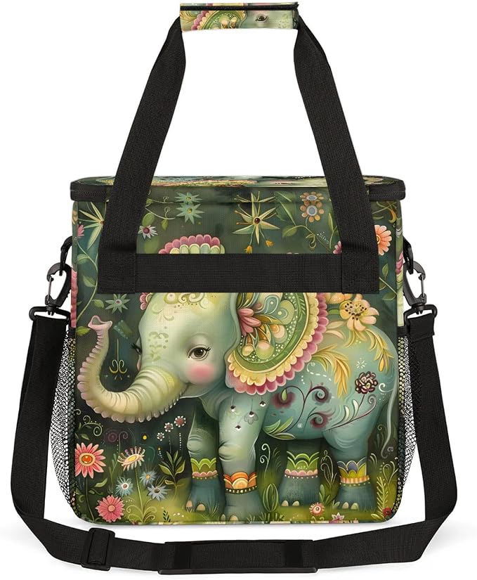 Green Elephant Boho Coffee Maker Carring Bag, Large Insulated Storage Organizer - Image 5