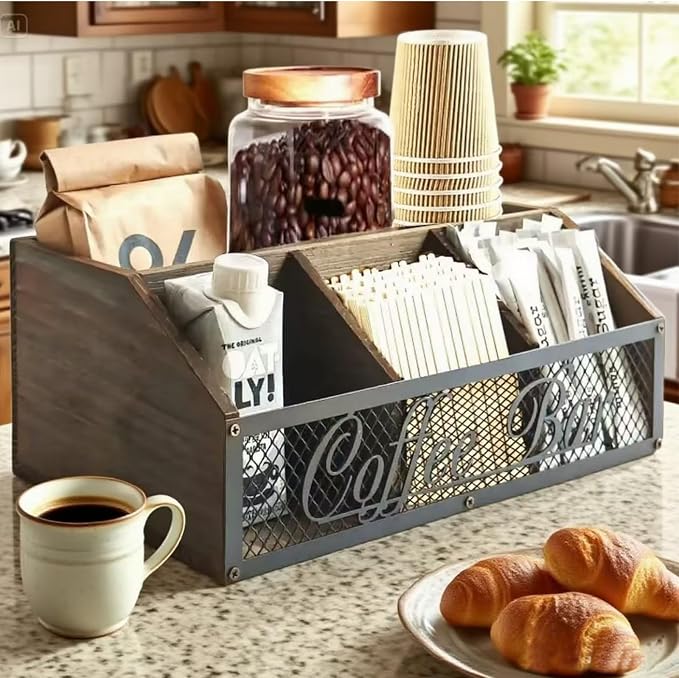 Coffee Station Organizer, Rustic Farmhouse Wood Condiment Storage Basket - Image 6