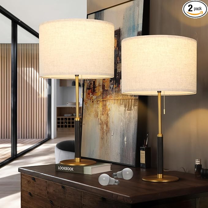 26.4" Set 2 Pull Chain Table Lamp Modern Mid Century Bedside Lamps by PSDSSHIIS