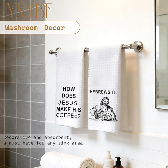 How Does Jesus Make His Coffee Hebrews It Funny Christian Kitchen Towels 16x24 - Image 4