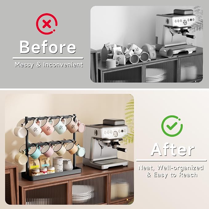Coffee Mug Holder for Countertop 20 Hooks Mug Tree Rack 2 Tier Counter Cups - Image 5