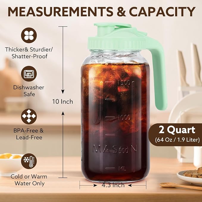 Mihlapi Glass Pitcher with Lid, 64 OZ Mason Jar Pitcher Double Leak Proof - Image 4