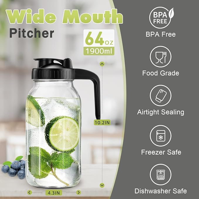 Mason Jar with Pour Spout Lid V-shaped, 64 oz Iced Tea Pitcher with Lids Double - Image 6