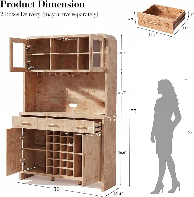 77" Tall Wine Bar Cabinet with Storage Hutch and 3 Drawers, Coffee Bar Cabinet - Image 2
