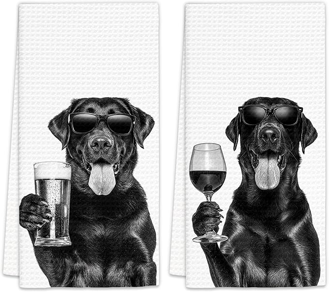Gifts for Black Lab Dog Wine Lovers Kitchen Towels Set of 2, Funny Dog Home Bar by FIicy