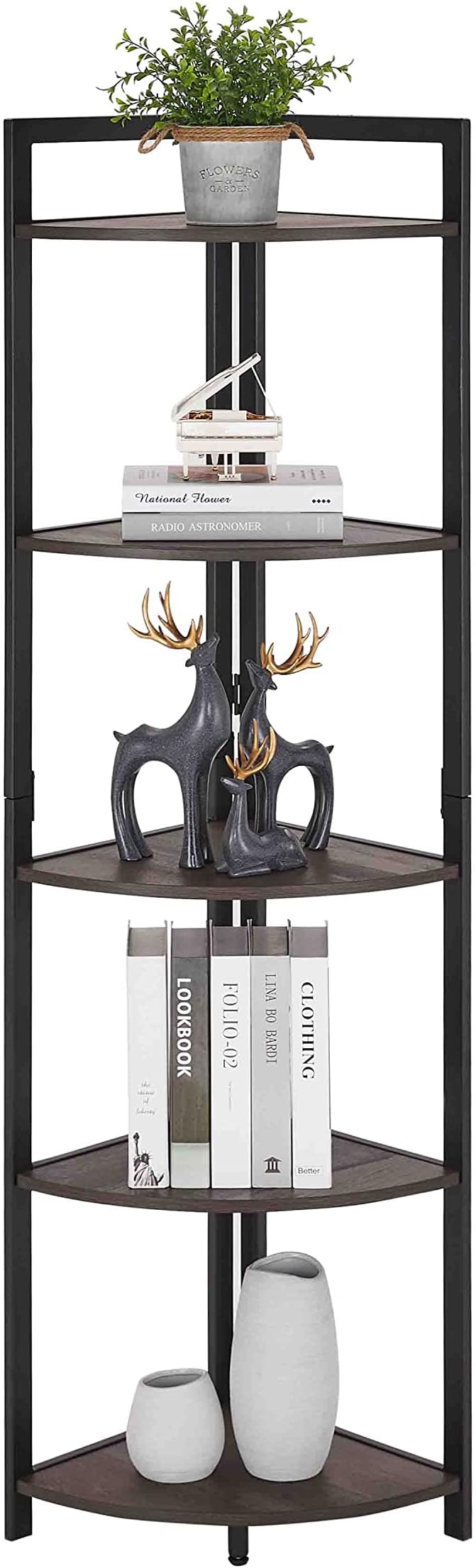 FATORRI Rustic Tall Corner Shelf, 5 Tier Industrial Corner Bookshelf - Image 8