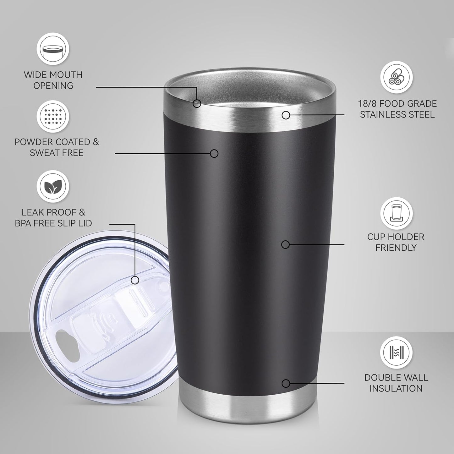 20 oz Tumbler Stainless Steel Tumblers Bulk with Lid Double Wall Insulated Coffee Tumbler Cups for Hot & Cold Drinks Powder Coated Travel Coffee Tumbler Mug Metal (Black, 6 pack)