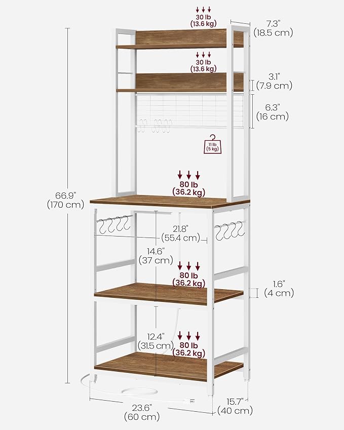 VASAGLE Bakers Rack with Power Outlet, Microwave Stand, Kitchen Tall Utility - Image 3