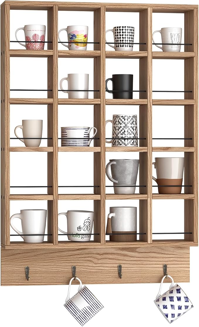 Wooden Coffee Mug Display Rack, Wall Mounted Coffee Cup Display Shelf, Hold 24 by WYJREES