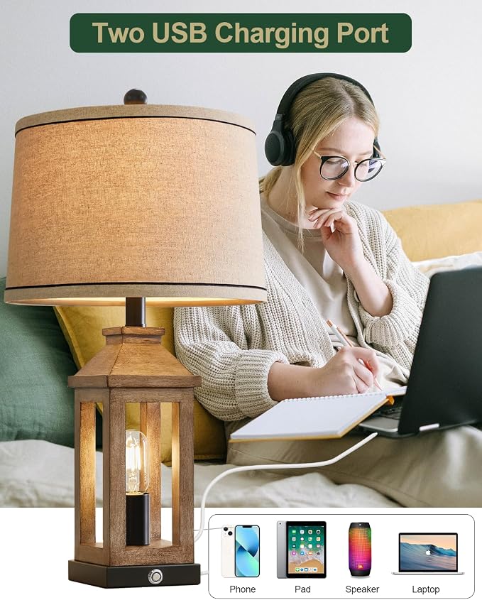 G-SAFAVA 23.75" Farmhouse Table Lamps USB A+C Charging Ports 3-Way Dimmable - Image 4