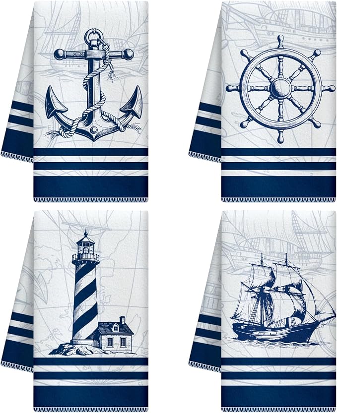 CUTHOLLOW Ship's Wheel Decorative Kitchen Towels Set of 4, 25.98"x17.72" Soft & by CUTHOLLOW