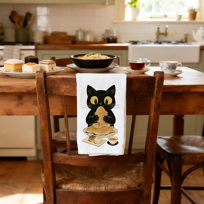 CUTHOLLOW Japanese Style Black Cat Decorative Kitchen Towels Set of 4, - Image 7