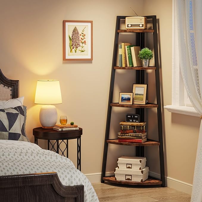 Tribesigns 70 inch Tall Corner Shelf, 5 Tier Rustic Corner Bookshelf Bookcase - Image 4