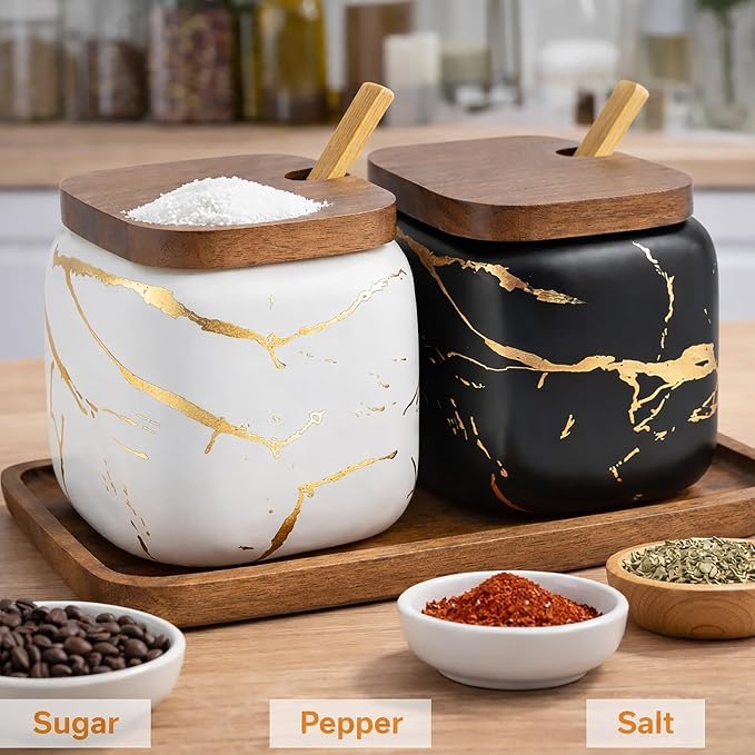 2 Sets of Marble Ceramic Sugar Bowl Ceramic Seasoning Jars - Image 2