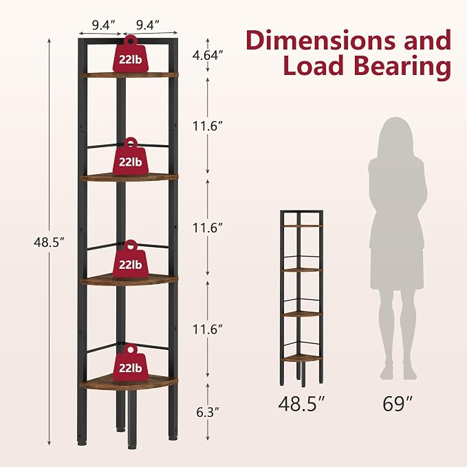 Tajsoon Tall Corner Book Shelf 4 Tier 48" Multipurpose Corner Standing Shelf - Image 2