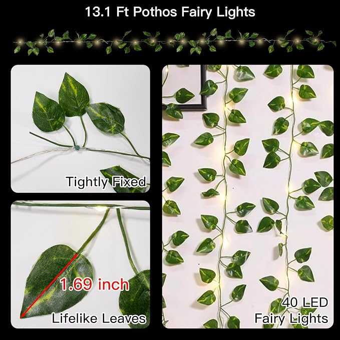 suddus Vine with Fairy Lights Battery Operated, 13.1ft 40 LED Pothos String - Image 6