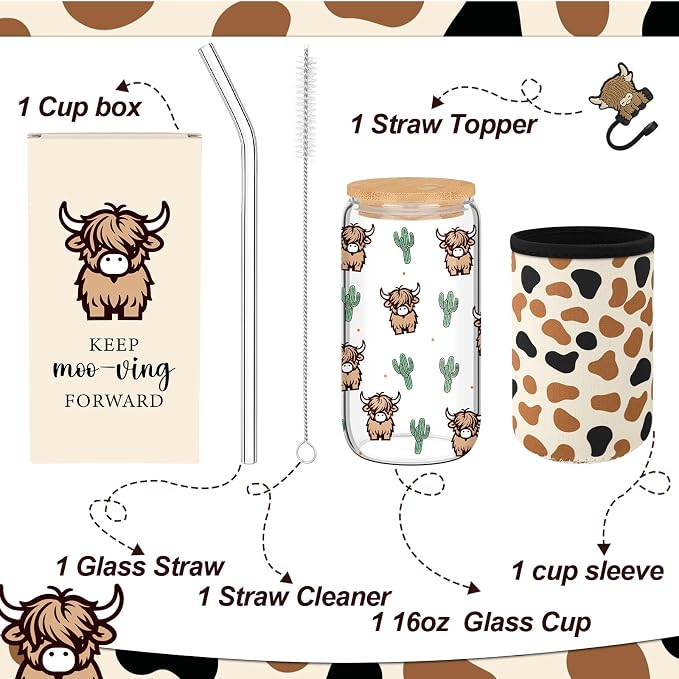 Reallnaive Highland Cow Gifts for Women Cute Glass Cups tumbler 16 oz Aesthetic - Image 2