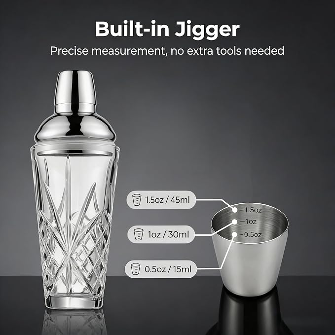 Cut Crystal Cocktail Shaker 18.5oz Sealed Lid, Mult-Use | Hidden Measuring Lid - Image 4