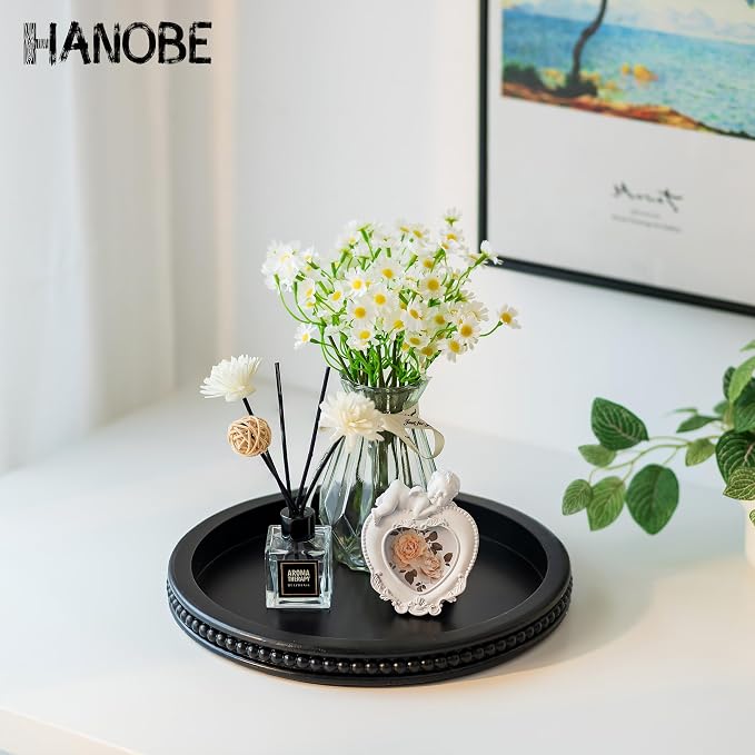 Hanobe Decorative Serving Tray Wood: Black Bead Round Tray - Image 2