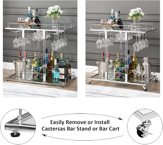 Silver Bar Cart for Home Bar Chrome Serving Cart - Image 6