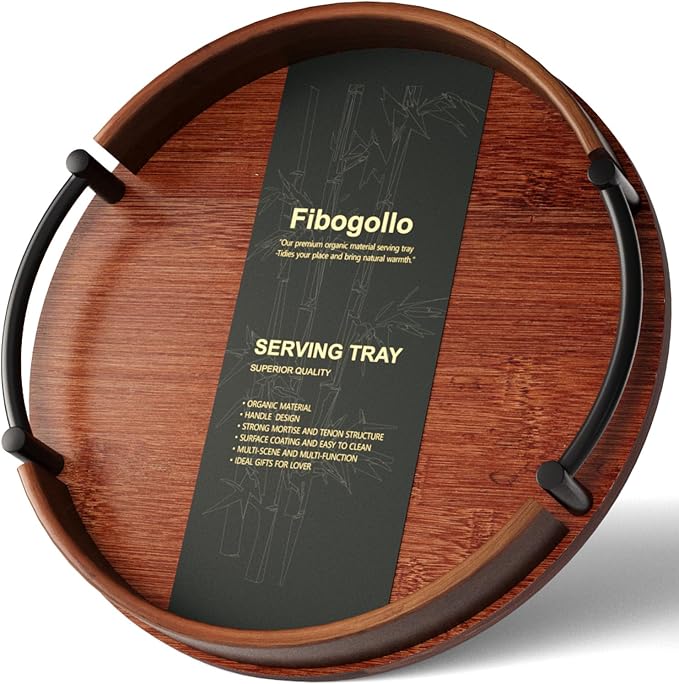 Fibogollo Bamboo Tray with Metal Handle, 11.81inches; Ottoman-Style Round by Fibogollo