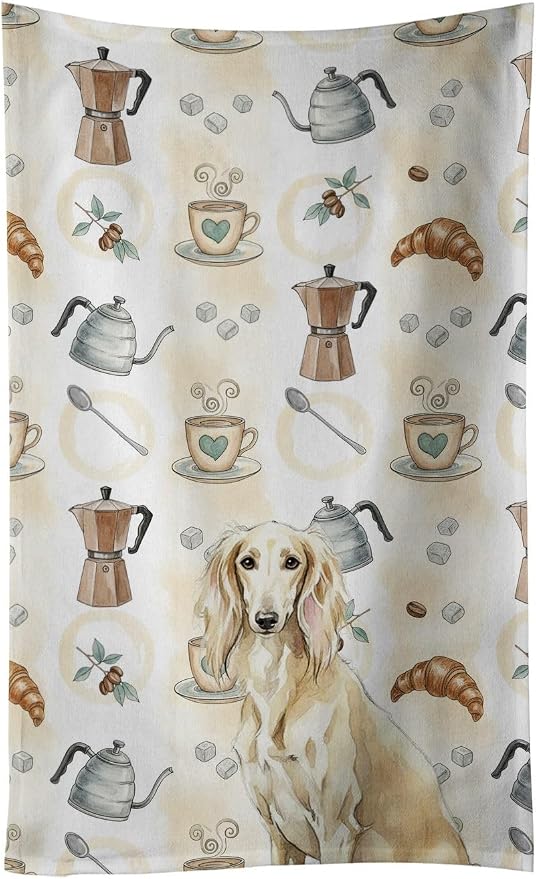 Caroline's Treasures Cream Saluki Coffee Bar Kitchen Towel Velour Plush Front by CarolinesTreasures