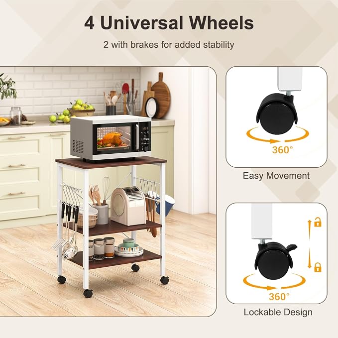 Giantex Kitchen Bakers Rack 3-Tier Microwave Cart on Wheels, Industrial Utility - Image 5