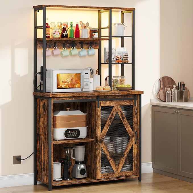 HOOBRO Bakers Rack with Power Outlet and LED Light, Microwave Stand with - Image 4