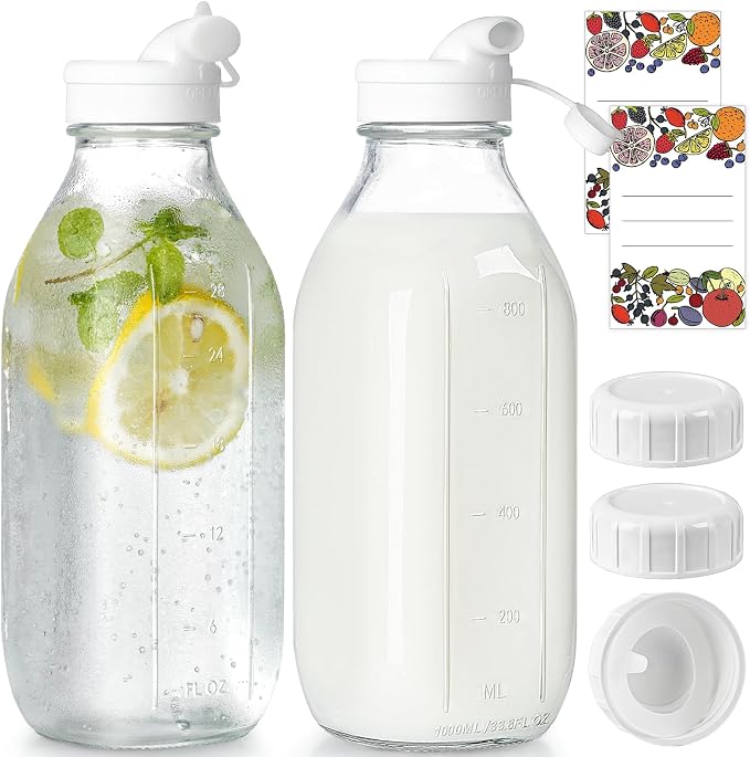 2 Pack Glass Milk Bottle with 2 Dispenser Caps, 100% Airtight Heavy Duty Screw by Syntic