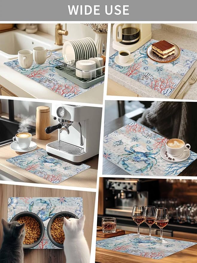 Ocean Crab Coffee Mat For Countertop Coffee Bar Accessories, Absorbent Quick - Image 6