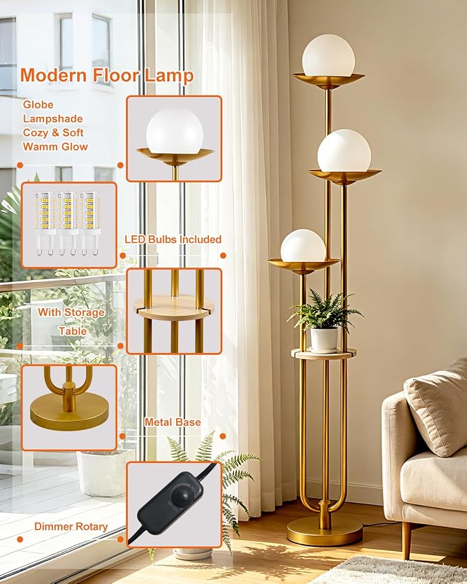 Lightdot Globe Floor Lamp with Shelf 3-Lights Modern Dimmable Floor Lamps - Image 3