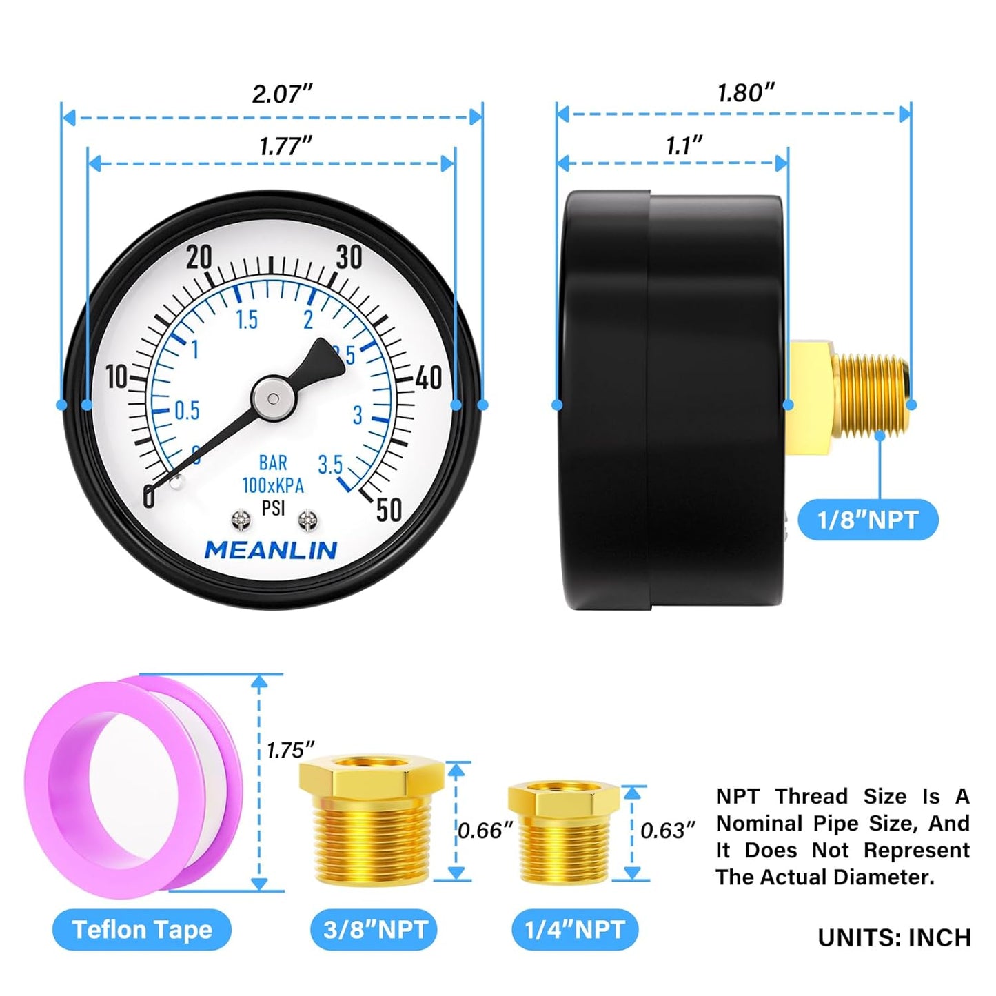 MEANLIN MEASURE 0-50Psi 2" DIAL FACE 1/8" NPT Well Pump Pressure Gauge, with 1/4" NPT and 3/8" NPT Hex Bushing, 3-2-3% Accuracy, Center Back Mount
