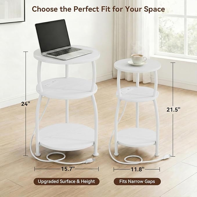 Round Side Table with Power Outlet & USB Ports, 3-Tier End Table with Storage - Image 3