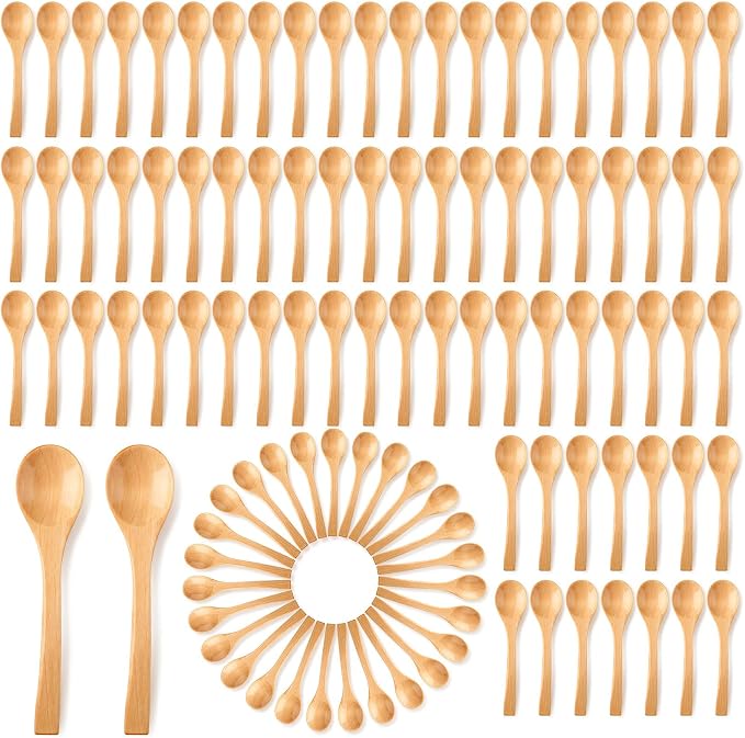100Pcs Small Wooden Spoons 5.1x1.2in Natural Birchwood Mini Round Stirring by Unknown
