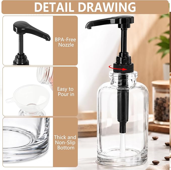 3-Pack Round Glass Coffee Syrup Dispenser, 16.9 oz/500ml - Image 3