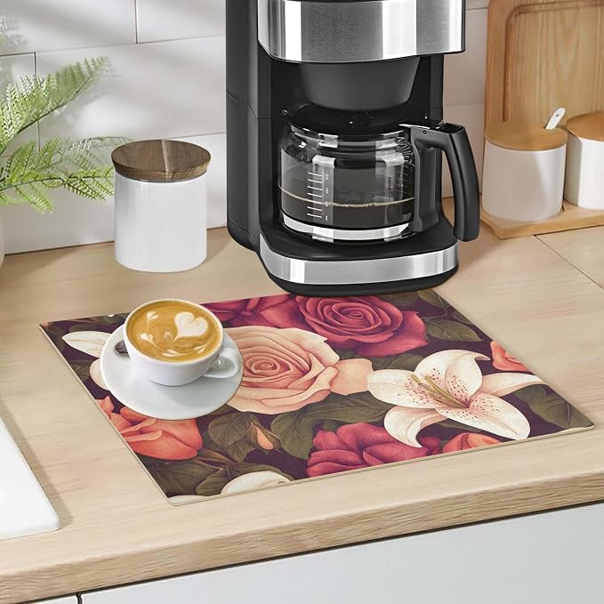 Roses and Lily Flowers Coffee Mat Coffee Bar Maker Station Pot Spill Machine - Image 4