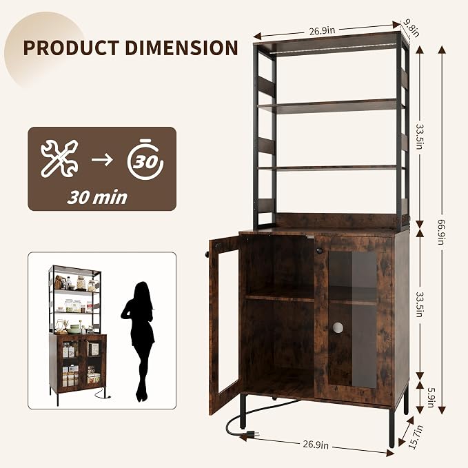 Kitchen Pantry Cabinet with LED Lights & Power Outlet, 66.9" H Kitchen Bakers - Image 2